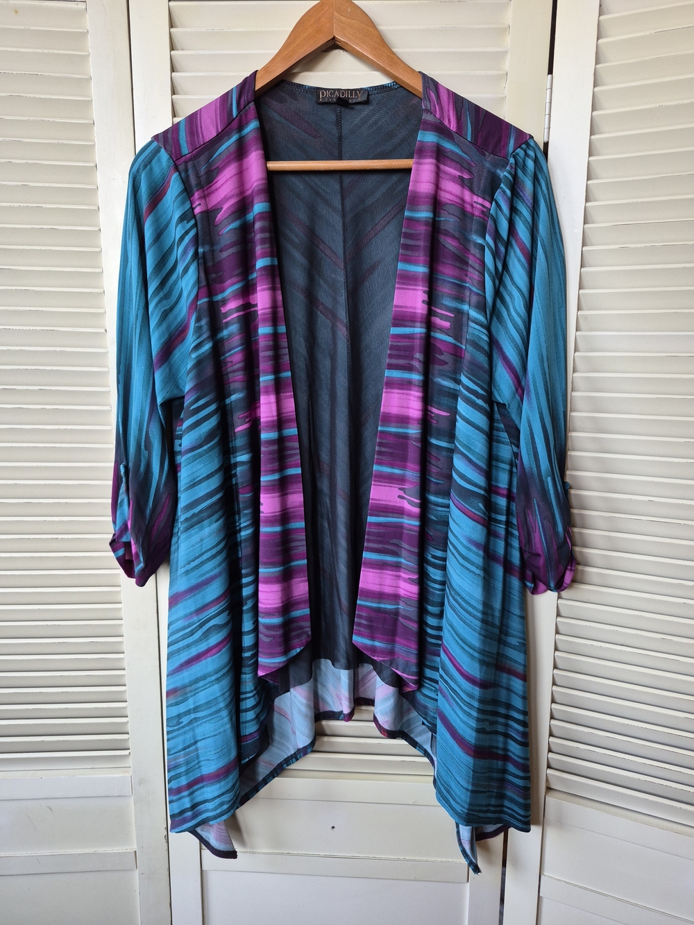 Picadilly Canada Open-Front Teal Watercolor Cardigan Size Large